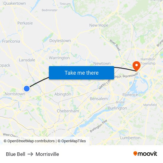 Blue Bell to Morrisville map