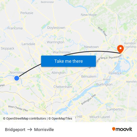 Bridgeport to Morrisville map