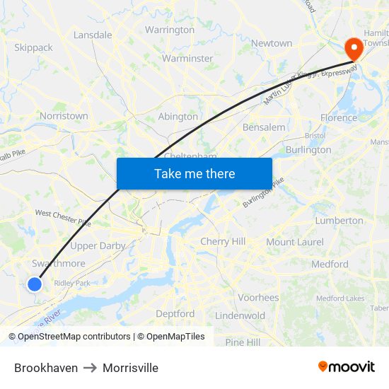 Brookhaven to Morrisville map
