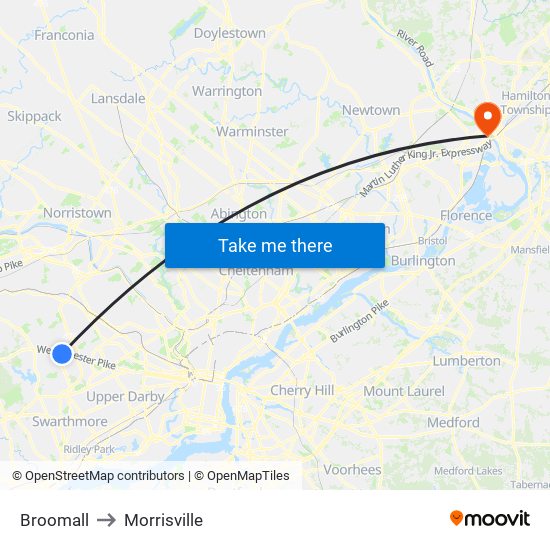Broomall to Morrisville map