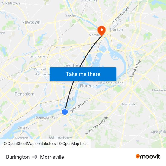 Burlington to Morrisville map