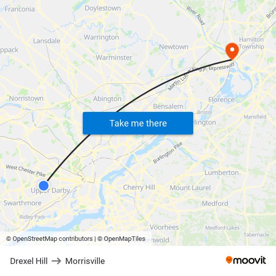 Drexel Hill to Morrisville map