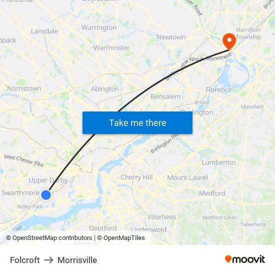 Folcroft to Morrisville map