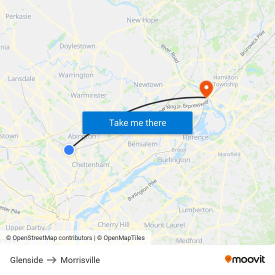 Glenside to Morrisville map