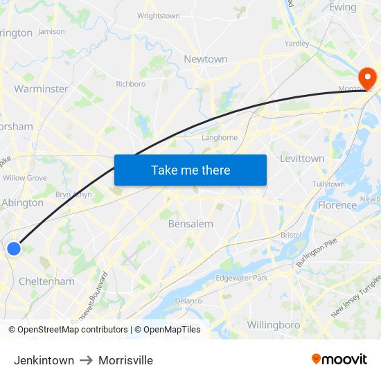 Jenkintown to Morrisville map