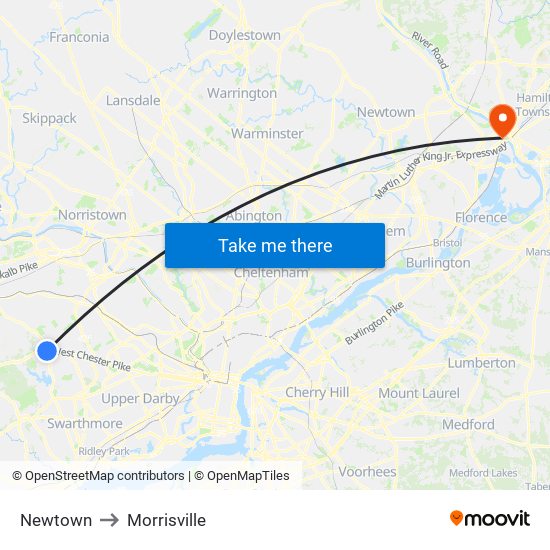 Newtown to Morrisville map