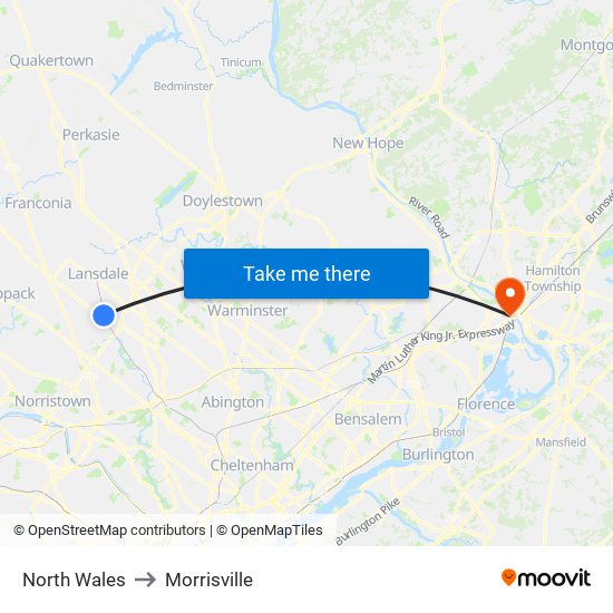 North Wales to Morrisville map