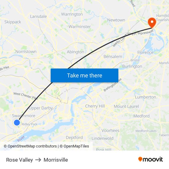 Rose Valley to Morrisville map