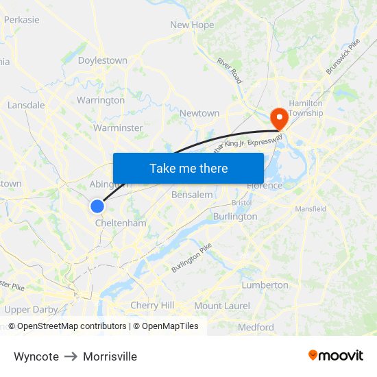 Wyncote to Morrisville map