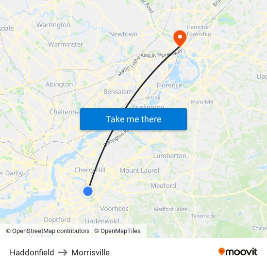 Haddonfield to Morrisville map