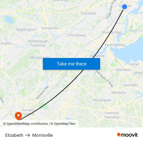 Elizabeth to Morrisville map