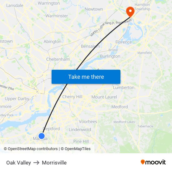 Oak Valley to Morrisville map
