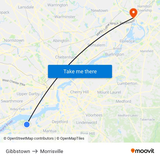 Gibbstown to Morrisville map