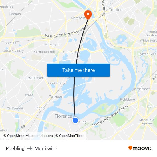 Roebling to Morrisville map