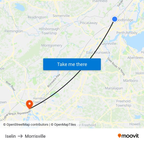 Iselin to Morrisville map