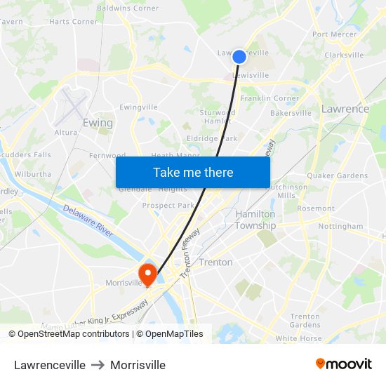Lawrenceville to Morrisville map
