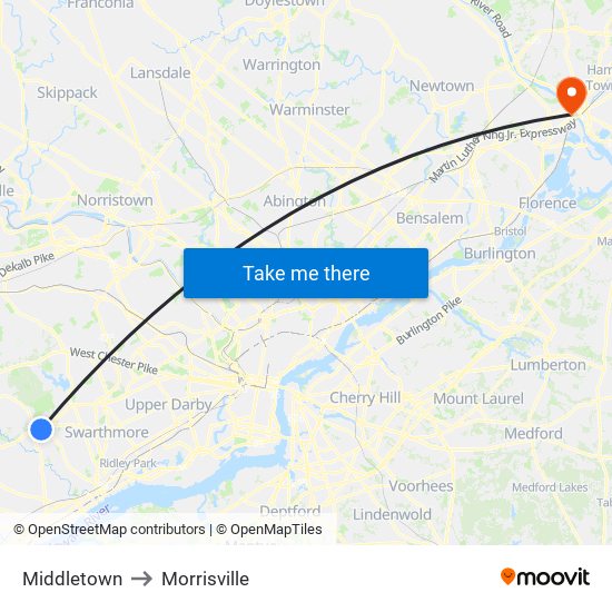Middletown to Morrisville map