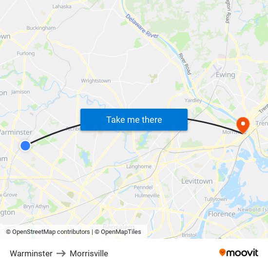 Warminster to Morrisville map