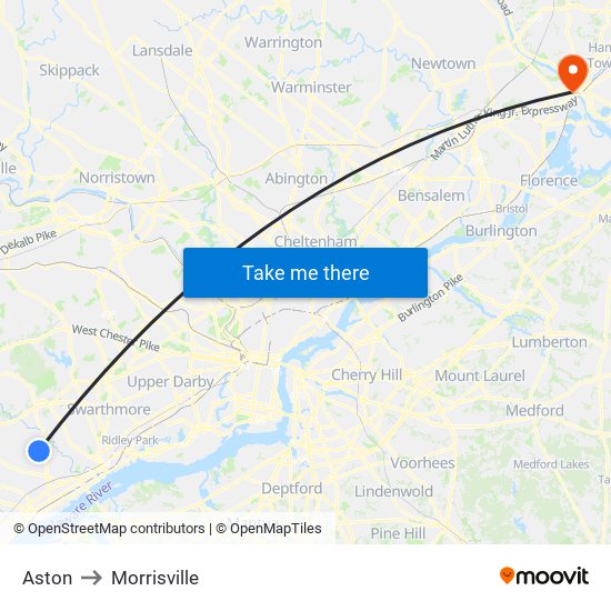 Aston to Morrisville map