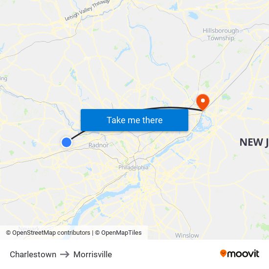 Charlestown to Morrisville map