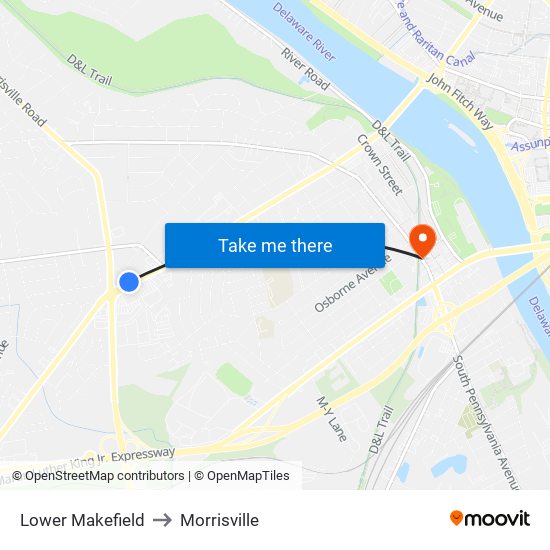 Lower Makefield to Morrisville map