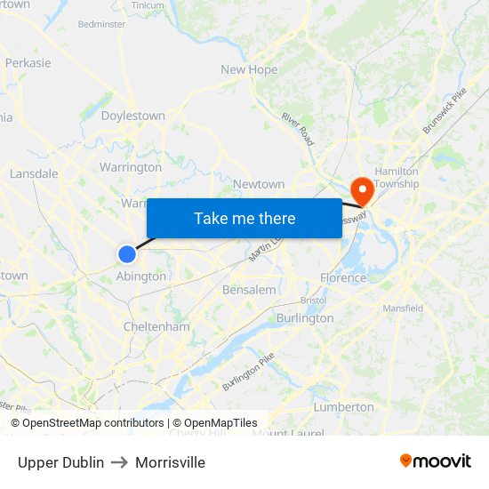 Upper Dublin to Morrisville map