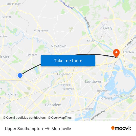 Upper Southampton to Morrisville map