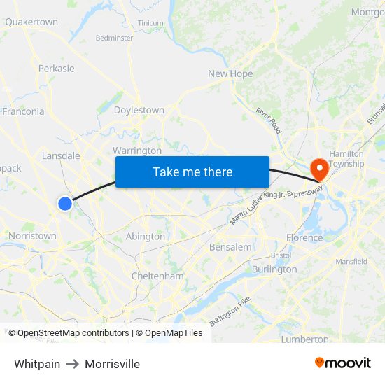 Whitpain to Morrisville map