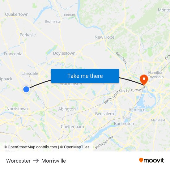 Worcester to Morrisville map
