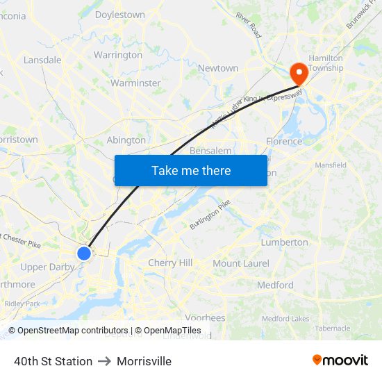 40th St Station to Morrisville map