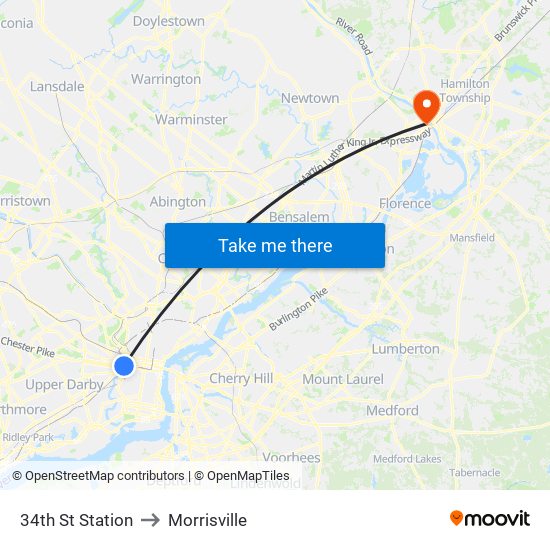 34th St Station to Morrisville map