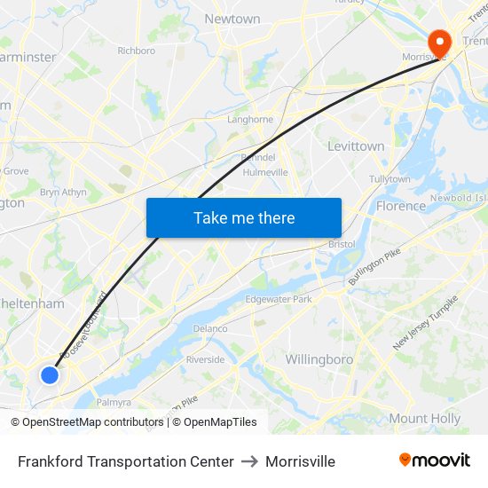 Frankford Transportation Center to Morrisville map