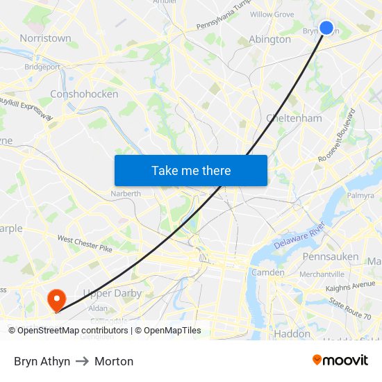 Bryn Athyn to Morton map