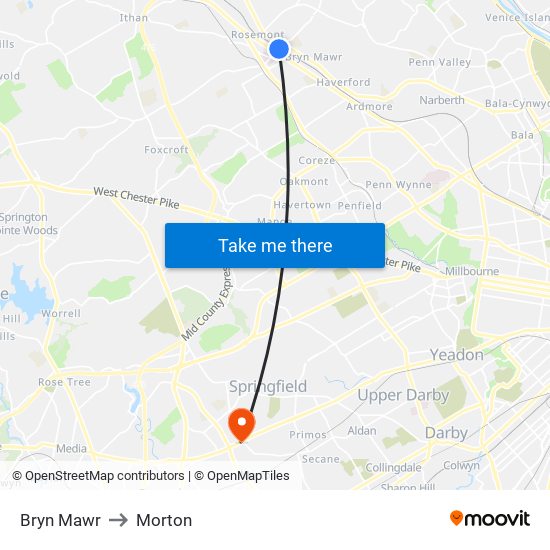 Bryn Mawr to Morton map