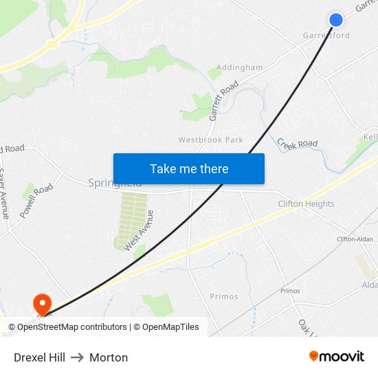 Drexel Hill to Morton map