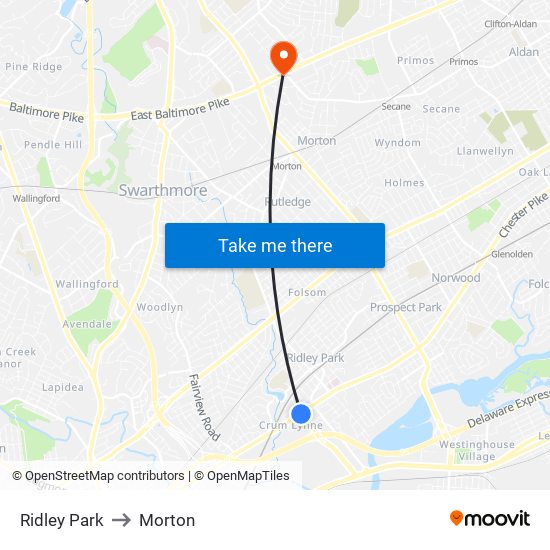 Ridley Park to Morton map