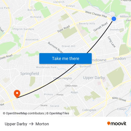 Upper Darby to Morton map