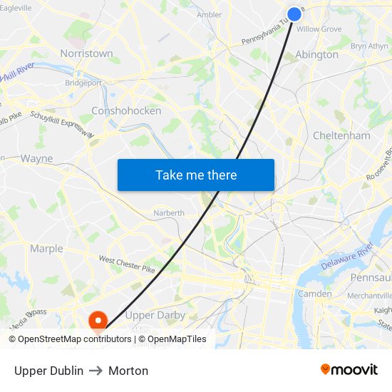 Upper Dublin to Morton map