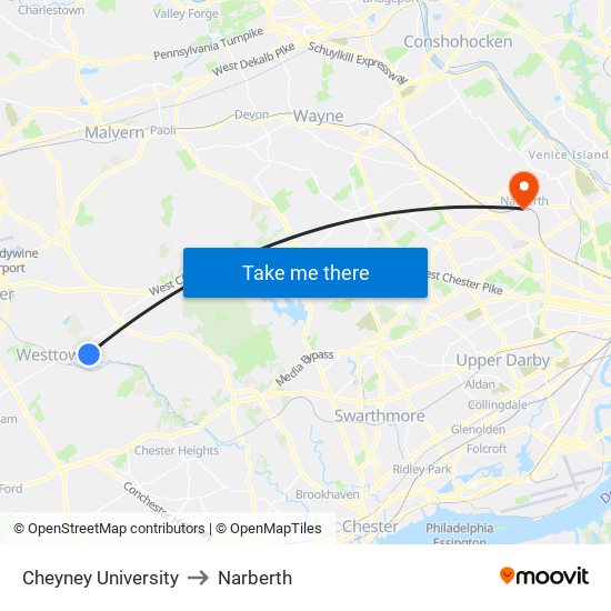 Cheyney University to Narberth map