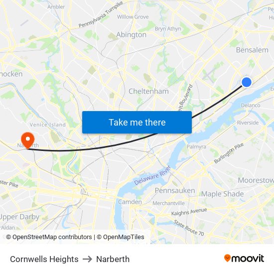 Cornwells Heights to Narberth map