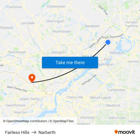 Fairless Hills to Narberth map