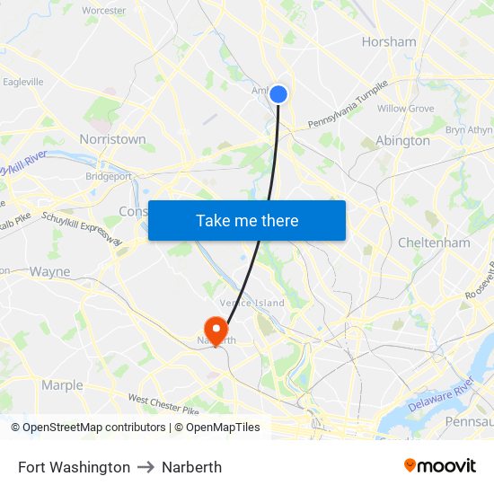 Fort Washington to Narberth map