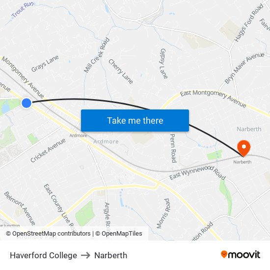 Haverford College to Narberth map