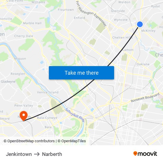 Jenkintown to Narberth map