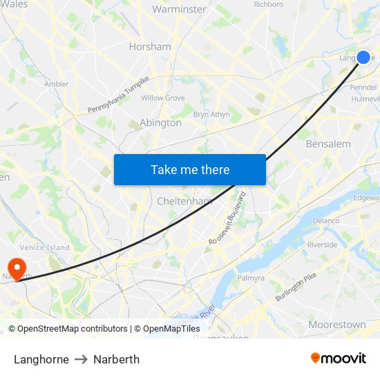 Langhorne to Narberth map