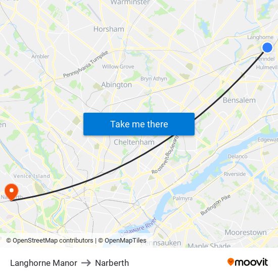 Langhorne Manor to Narberth map