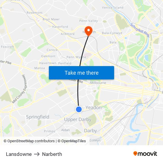 Lansdowne to Narberth map