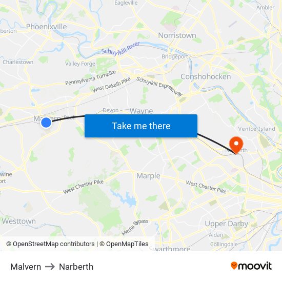 Malvern to Narberth map