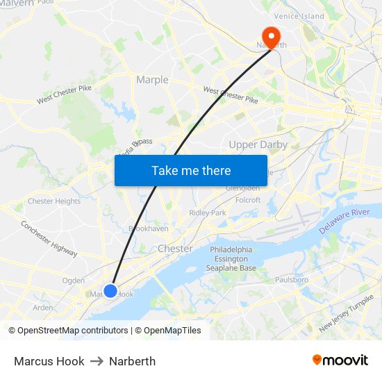 Marcus Hook to Narberth map