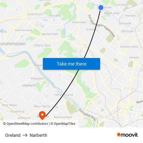 Oreland to Narberth map